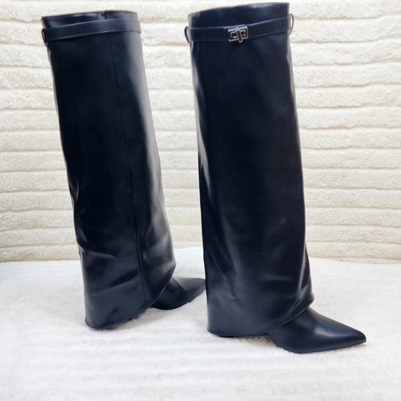 Paris Black Skirted Fold Over 3.5" Block Heel Knee High Boots - Picture 1 of 11